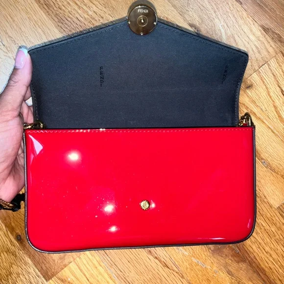 AUTHENTIC FENDI RED PATENT LEATHER WALLET ON CHAIN